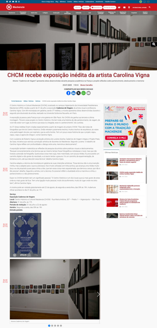 matéria: "CHCM recebe exposição inédita da artista Carolina Vigna"